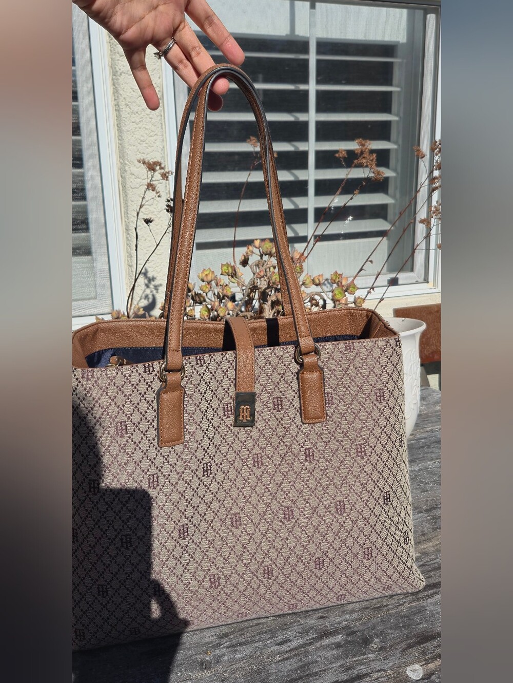 Tommy Hilfiger Tan and Brown Logo Canvas Tote